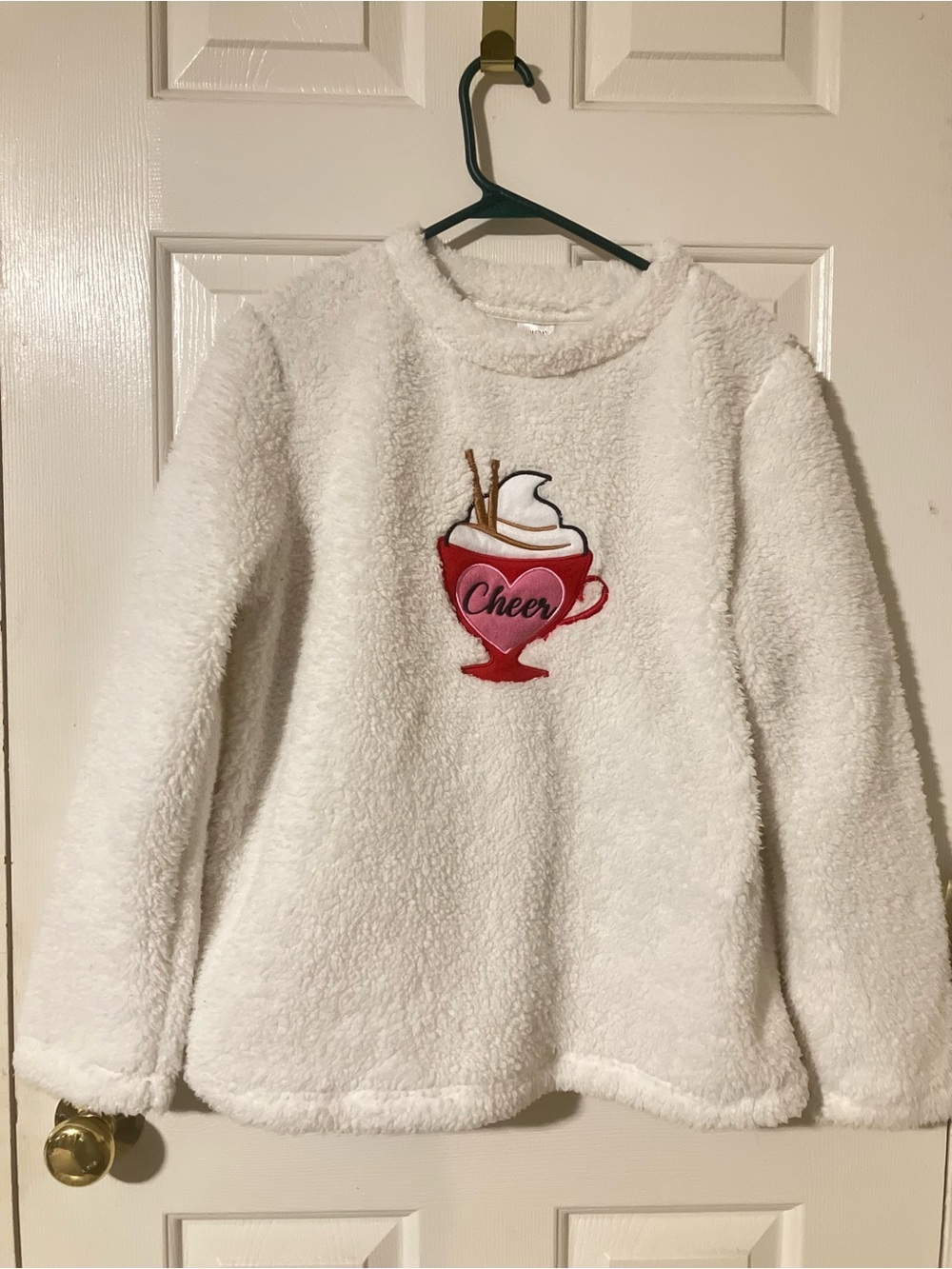 Holiday Time Cream Sherpa Pullover with Red Cup Applique